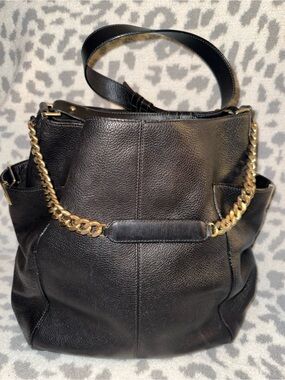 JIMMY CHOO Deerskin Anna Hobo in Black Leather Shoulder Bag with Gold Chain💎